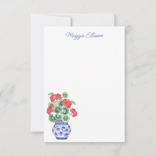 Waterverf Chinoiserie Vaas van rode geraniums Bedankkaart (Voorkant)