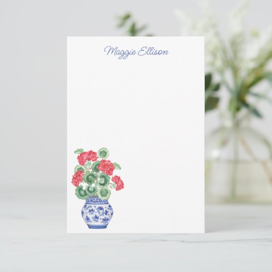 Waterverf Chinoiserie Vaas van rode geraniums Bedankkaart (Staand voorkant)