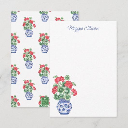 Waterverf Chinoiserie Vaas van rode geraniums Bedankkaart (Voorkant / Achterkant)