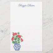 Waterverf Chinoiserie Vaas van rode geraniums Briefpapier (Voorkant)