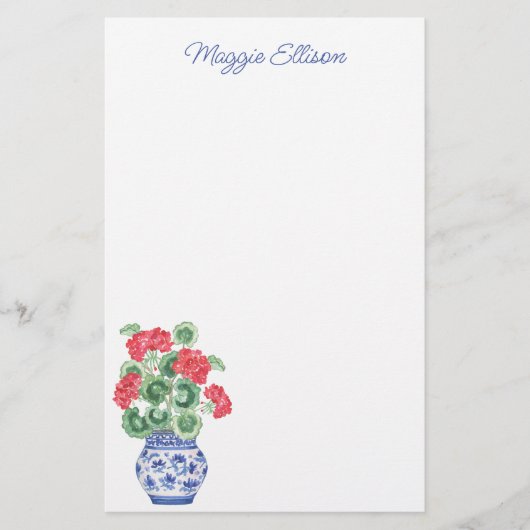 Waterverf Chinoiserie Vaas van rode geraniums Briefpapier (Voorkant)