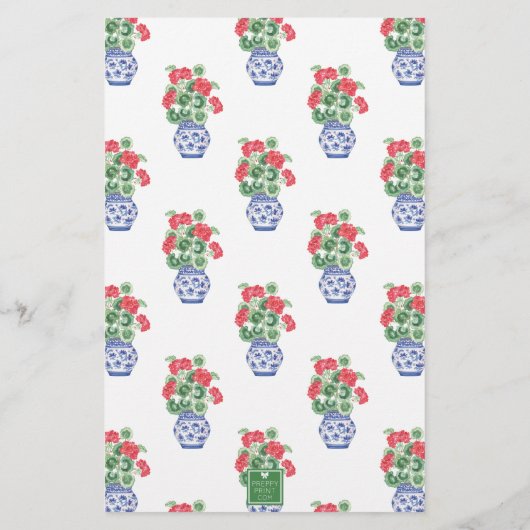 Waterverf Chinoiserie Vaas van rode geraniums Briefpapier (Achterkant)