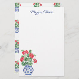 Waterverf Chinoiserie Vaas van rode geraniums Briefpapier