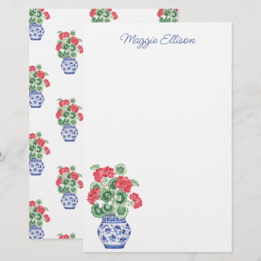 Waterverf Chinoiserie Vaas van rode geraniums Briefpapier (Voorkant / Achterkant)