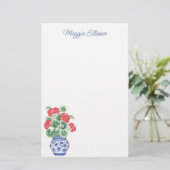 Waterverf Chinoiserie Vaas van rode geraniums Briefpapier (Staand voorkant)
