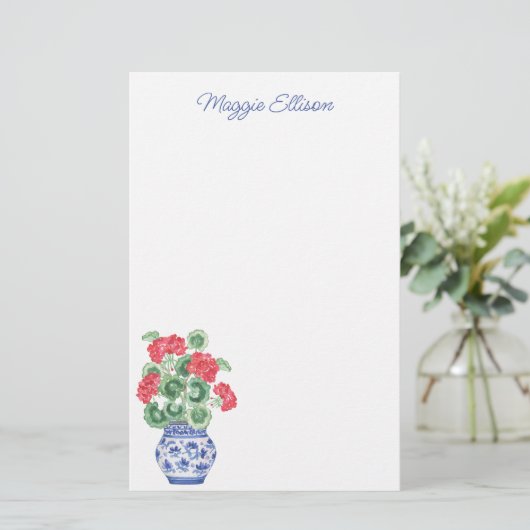 Waterverf Chinoiserie Vaas van rode geraniums Briefpapier (Staand voorkant)