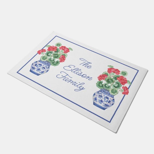 Waterverf Chinoiserie Vaas van rode geraniums Deurmat (Schuin)