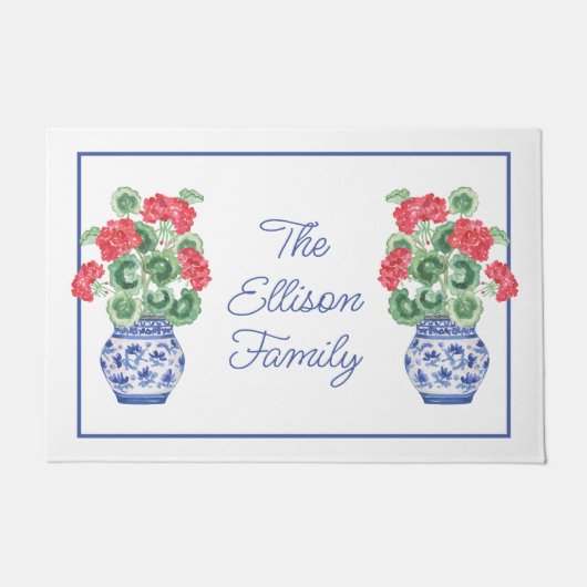 Waterverf Chinoiserie Vaas van rode geraniums Deurmat (Voorkant)