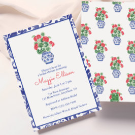 Waterverf Chinoiserie Vaas van rode geraniums Kaart