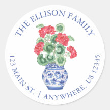 Waterverf Chinoiserie Vase Red Geraniums Adres