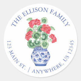 Waterverf Chinoiserie Vase Red Geraniums Adres Ronde Sticker