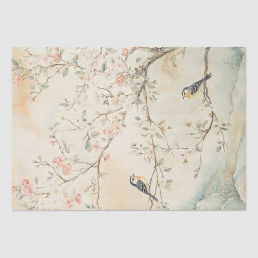 Waterverf Chinoiserie Vogels en Bloesems Tissuepapier (Voorkant)
