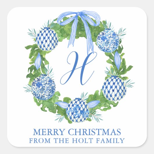 Waterverf Chinoiserie Wreate Kerstmis Vierkante Sticker (Voorkant)