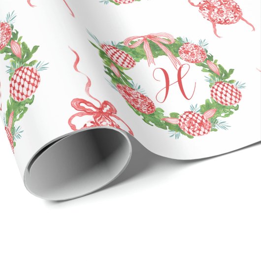 Waterverf Chinoiserie Wreate kerstmonogram Cadeaupapier (Rol Hoek)