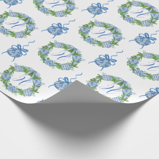 Waterverf Chinoiserie Wreate kerstmonogram Cadeaupapier (Hoek)
