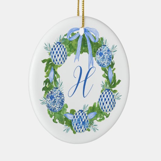 Waterverf Chinoiserie Wreate kerstmonogram Keramisch Ornament (Rechts)