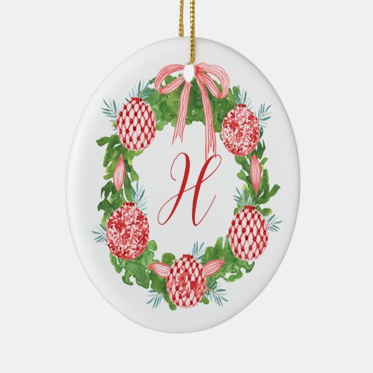 Waterverf Chinoiserie Wreate kerstmonogram Keramisch Ornament (Rechts)