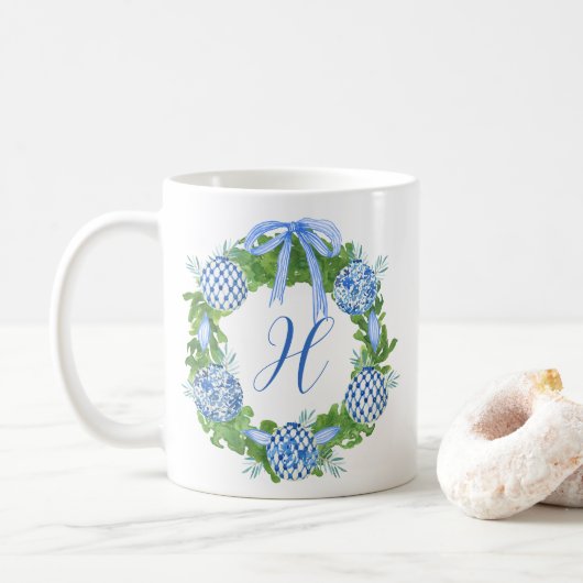 Waterverf Chinoiserie Wreate kerstmonogram Koffiemok (Met donut)