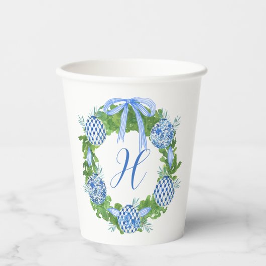 Waterverf Chinoiserie Wreate kerstmonogram Papieren Bekers (Voorkant)