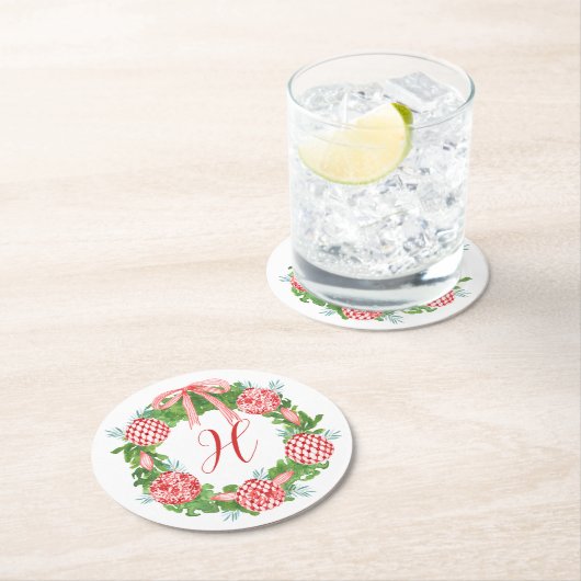 Waterverf Chinoiserie Wreate kerstmonogram Ronde Kartonnen Onderzetter (Insitu)