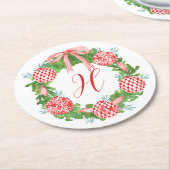 Waterverf Chinoiserie Wreate kerstmonogram Ronde Kartonnen Onderzetter (Gebogen)