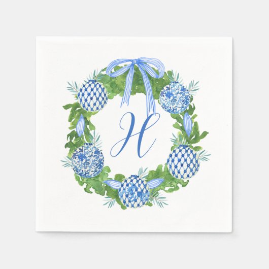 Waterverf Chinoiserie Wreate kerstmonogram Servet (Voorkant)