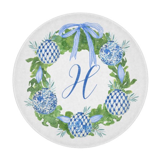 Waterverf Chinoiserie Wreate kerstmonogram Snijplank (Voorkant)