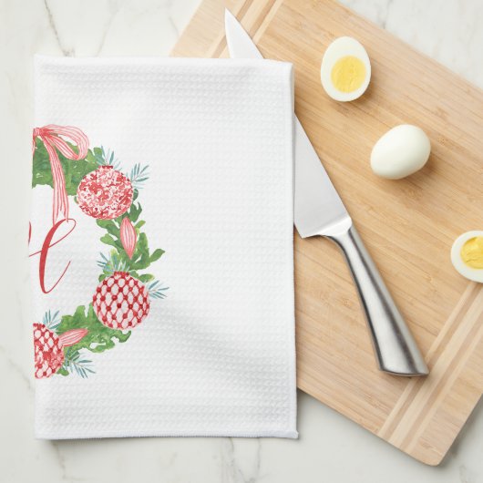 Waterverf Chinoiserie Wreate kerstmonogram Theedoek (Quarter Fold)