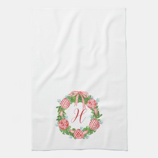 Waterverf Chinoiserie Wreate kerstmonogram Theedoek (Verticaal)