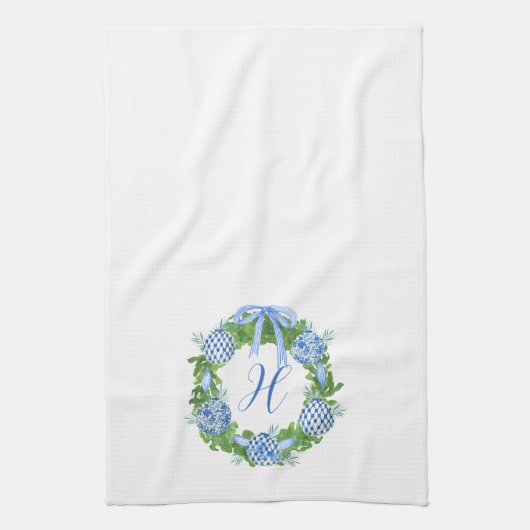 Waterverf Chinoiserie Wreate kerstmonogram Theedoek (Verticaal)