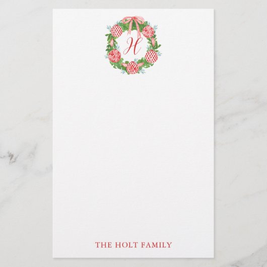 Waterverf Chinoiserie Wreater Monogram Kerstmis Briefpapier (Voorkant)