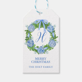 Waterverf Chinoiserie Wreater Monogram Kerstmis Cadeaulabel