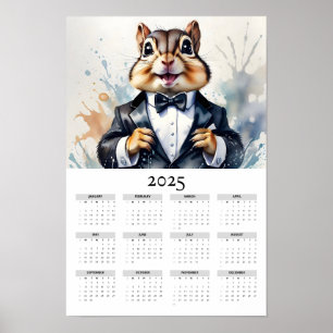 Waterverf Chipmunk Dragen Tux 2025 Wandkalender Poster