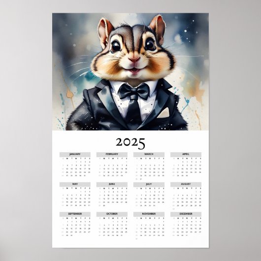 Waterverf Chipmunk Tux Bow Stropdas 2025 Wandkalen Poster (Voorkant)