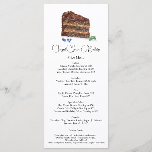 Waterverf Chocolade Cake Bakkerij, Café Prijs Menu (Voorkant)