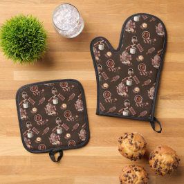 Waterverf chocoladepatroon ovenwant & pannenlap set