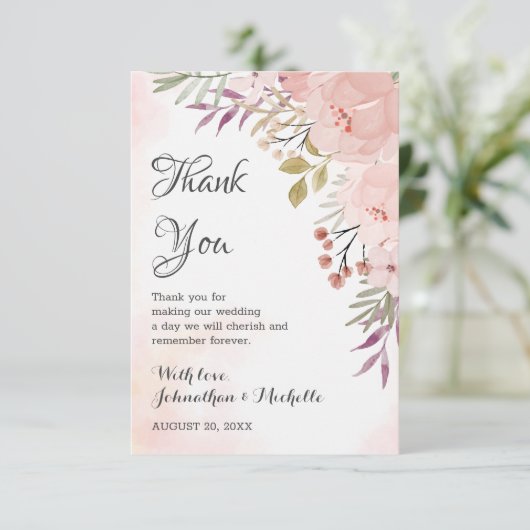 Waterverf Christelijk Blush Pink Floral Wedding Bedankkaart (Staand voorkant)