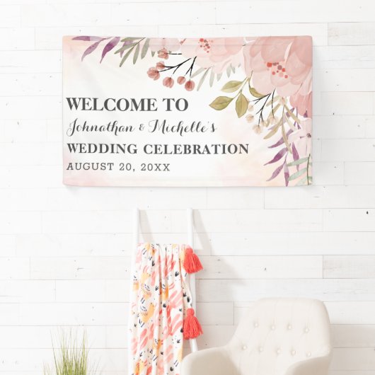 Waterverf Christelijk Blush Pink Floral Wedding Spandoek (Insitu)