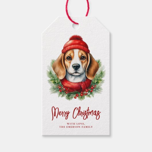 Waterverf Christmas Beagle Dog Cadeaulabel (Voorkant)