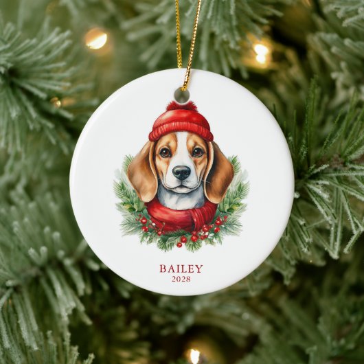 Waterverf Christmas Beagle Dog Foto Keramisch Ornament (Boom)