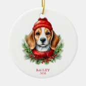 Waterverf Christmas Beagle Dog Foto Keramisch Ornament (Voorkant)