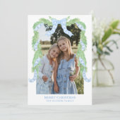 Waterverf Christmas Blue Bow Garland Foto Feestdagenkaart (Staand voorkant)