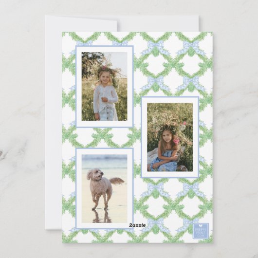 Waterverf Christmas Blue Bow Garland Foto Feestdagenkaart (Achterkant)