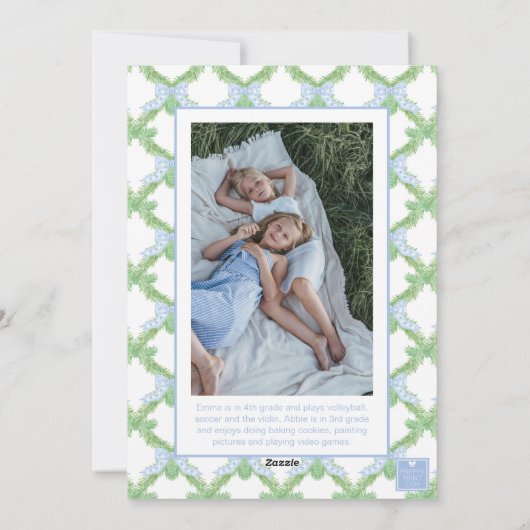 Waterverf Christmas Blue Bow Garland Foto Feestdagenkaart (Achterkant)