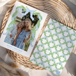 Waterverf Christmas Blue Bow Garland Foto Feestdagenkaart