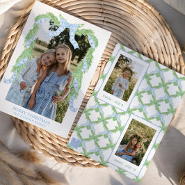 Waterverf Christmas Blue Bow Garland Foto Feestdagenkaart