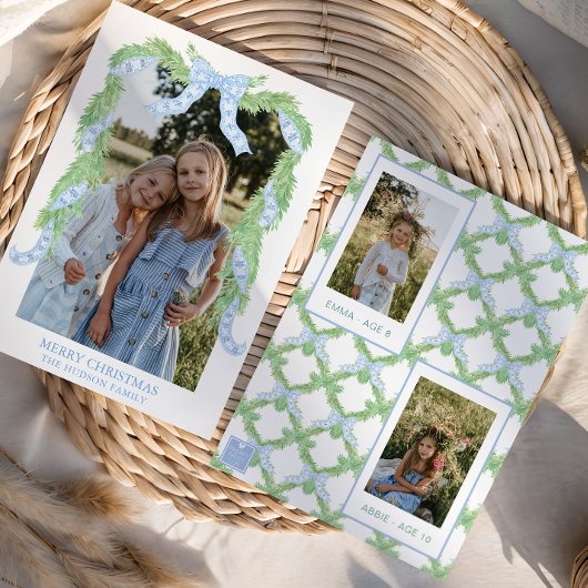 Waterverf Christmas Blue Bow Garland Foto Feestdagenkaart