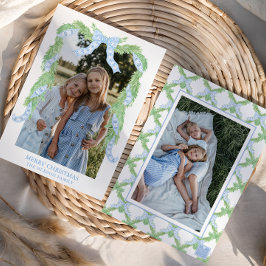 Waterverf Christmas Blue Bow Garland Foto Feestdagenkaart