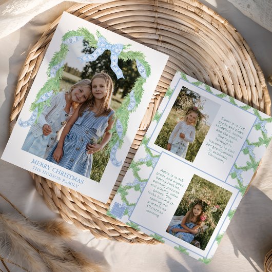 Waterverf Christmas Blue Bow Garland Foto Feestdagenkaart