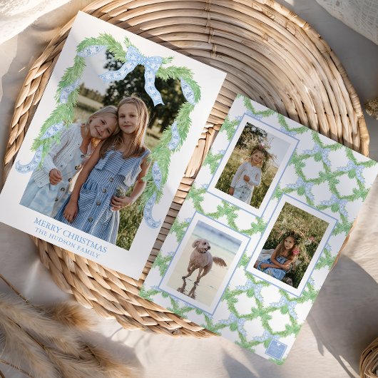 Waterverf Christmas Blue Bow Garland Foto Feestdagenkaart